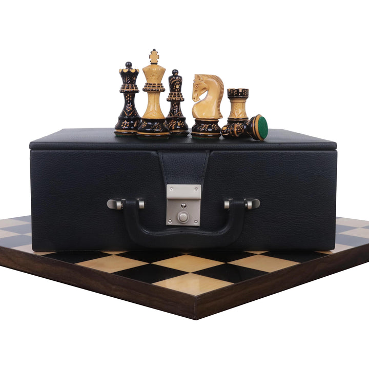 Combo of 3.75" Artisan Carving Burnt Zagreb Chess Pieces with Borderless Chess board and Leatherette Coffer Storage Box