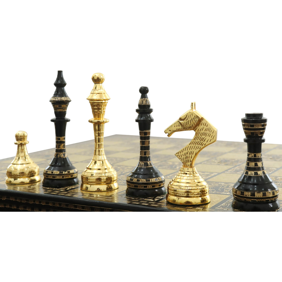 Soviet brass metal luxury chess pieces lined up on a custom board.