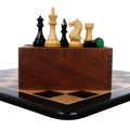 Fierce Knight chess pieces on a wooden storage box and board.