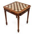 Luxury handcrafted wooden chess table in Golden Rosewood and Maple with a built-in storage drawer and elegant turned legs.