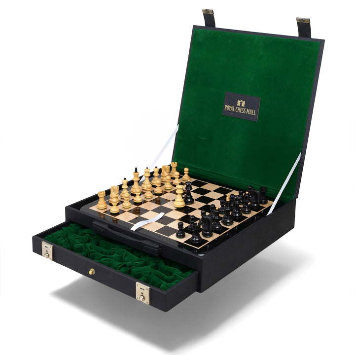 3.1" Russian Zagreb Gift Chess Set Combo - Pieces in Ebonized Boxwood with 17" Ebony Board & Storage Case