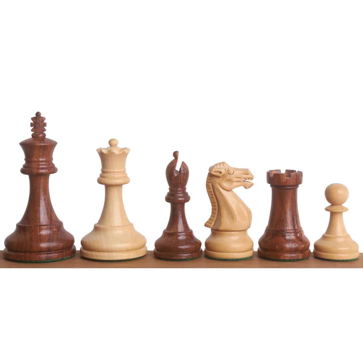 Weighted Pro Staunton chess pieces in Golden Rosewood and Boxwood displayed in a row.