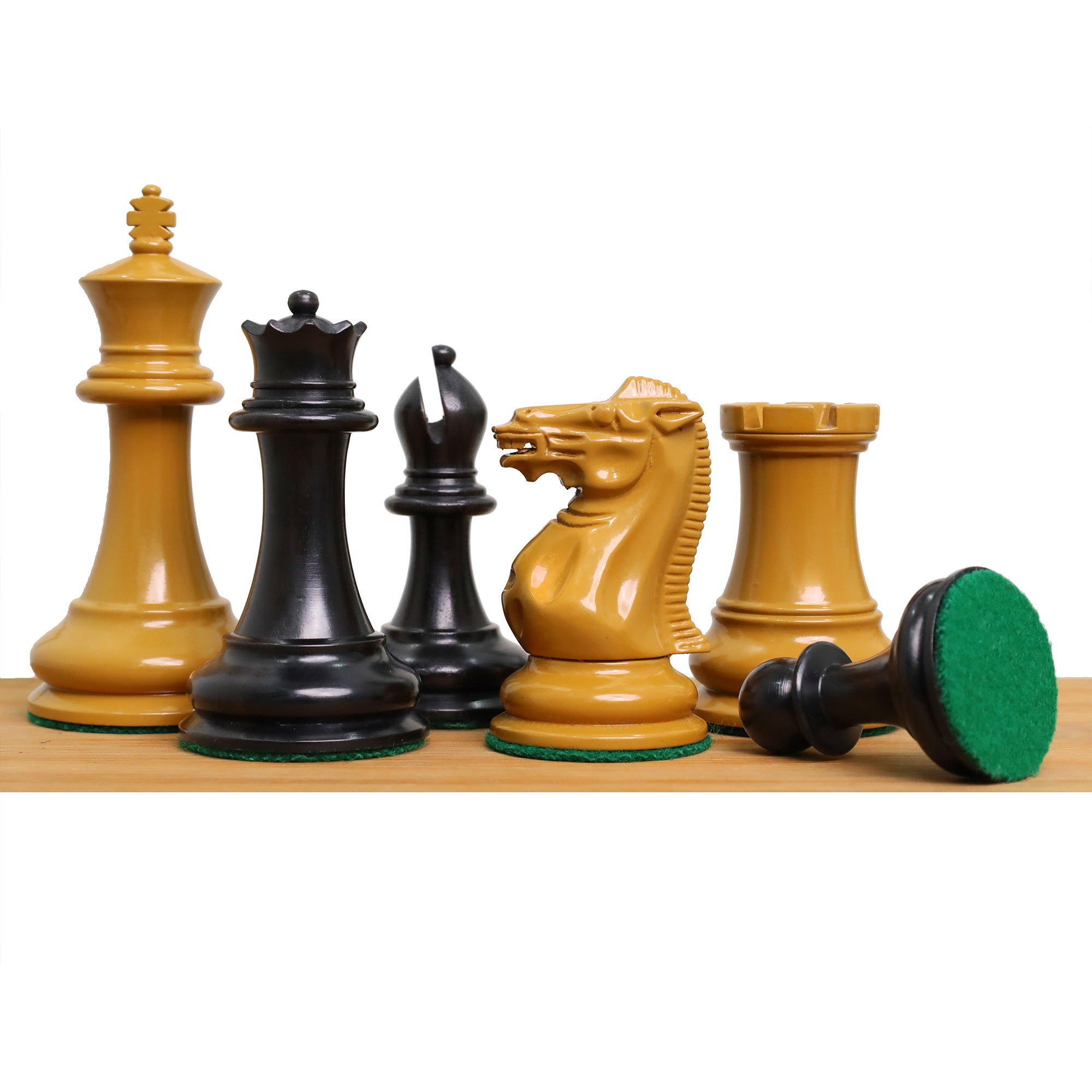 Hand-carved 3.75-inch ebony wood 1849 Jacques Cook Staunton chess pieces lineup