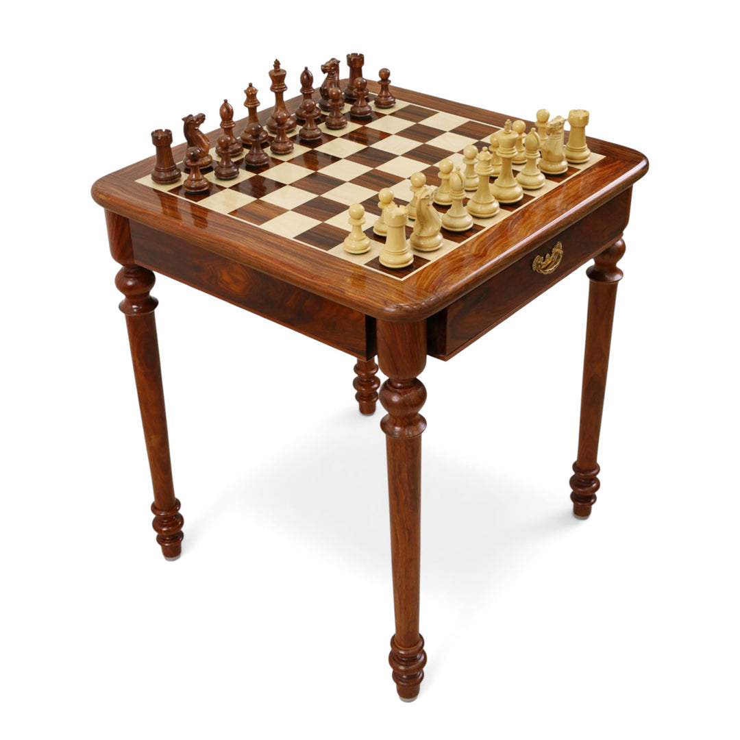 Combo of 22" Tournament Golden Rosewood Chess Table with 4.1" Pro Staunton Weighted Golden Rosewood Pieces with Storage Drawers