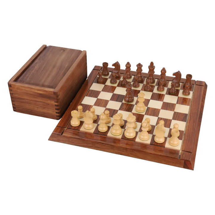 Jeu d'échecs de tournoi compact - Pièces en bois de rose doré avec échiquier et boîte
