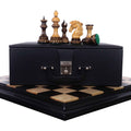 Five burnt carving Staunton chess pieces displayed on a black leatherette storage case and wooden chess board.
