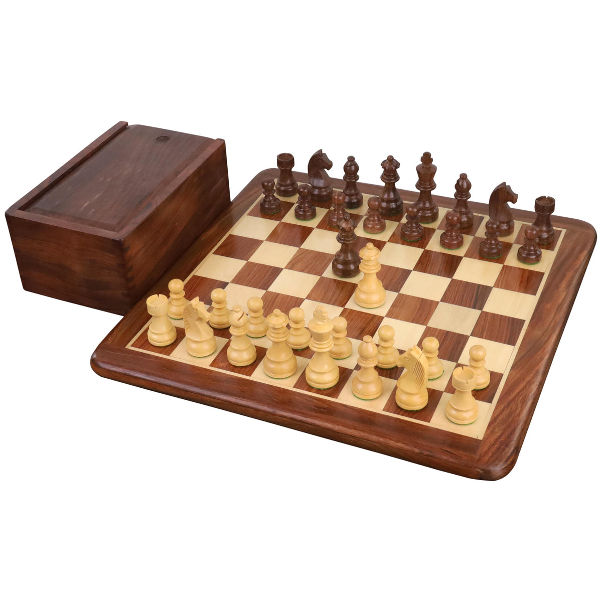 A complete 3.3" Golden Rosewood Staunton chess set setup on a matching wooden board with an adjacent storage box.