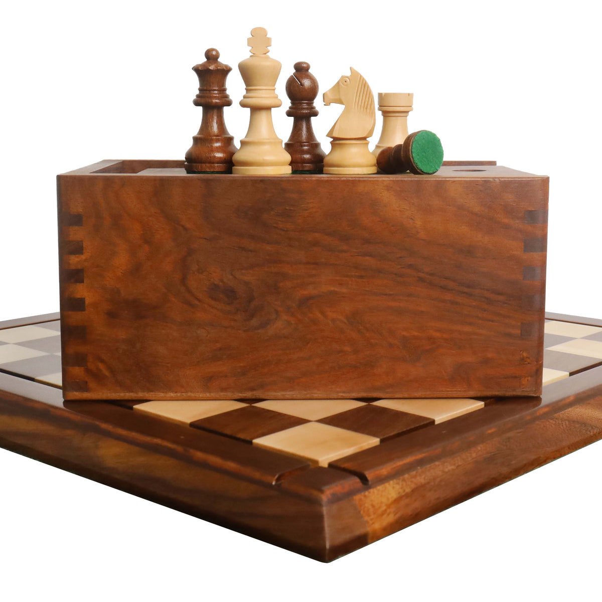 Tournament chess set in golden rosewood with wooden storage box and board.