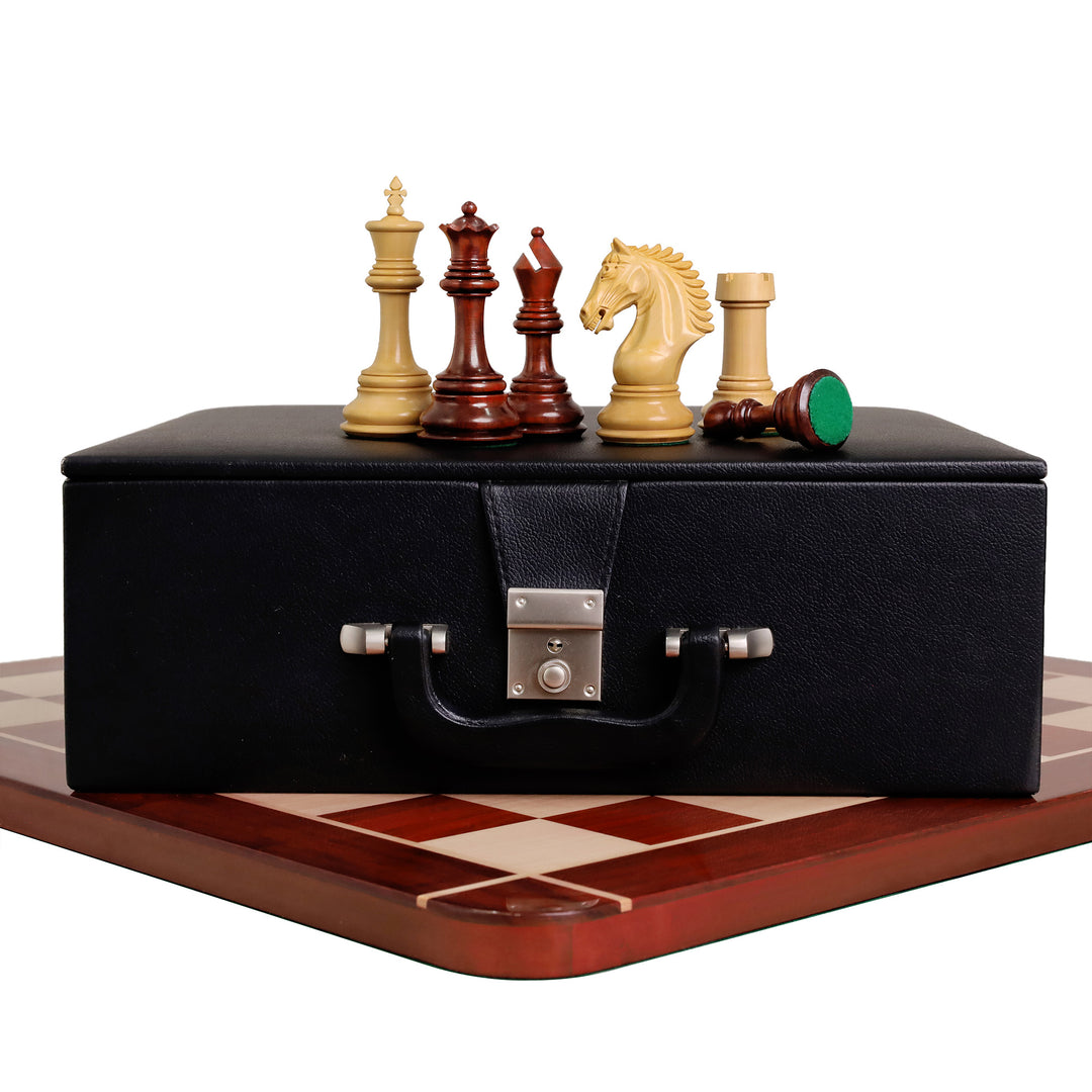 Combo of 4.5" Tilted Knight Luxury Staunton Chess Set - Bud Rosewood & Boxwood - 23" Bud Rosewood & Maple Wood Signature Wooden Chessboard With Box