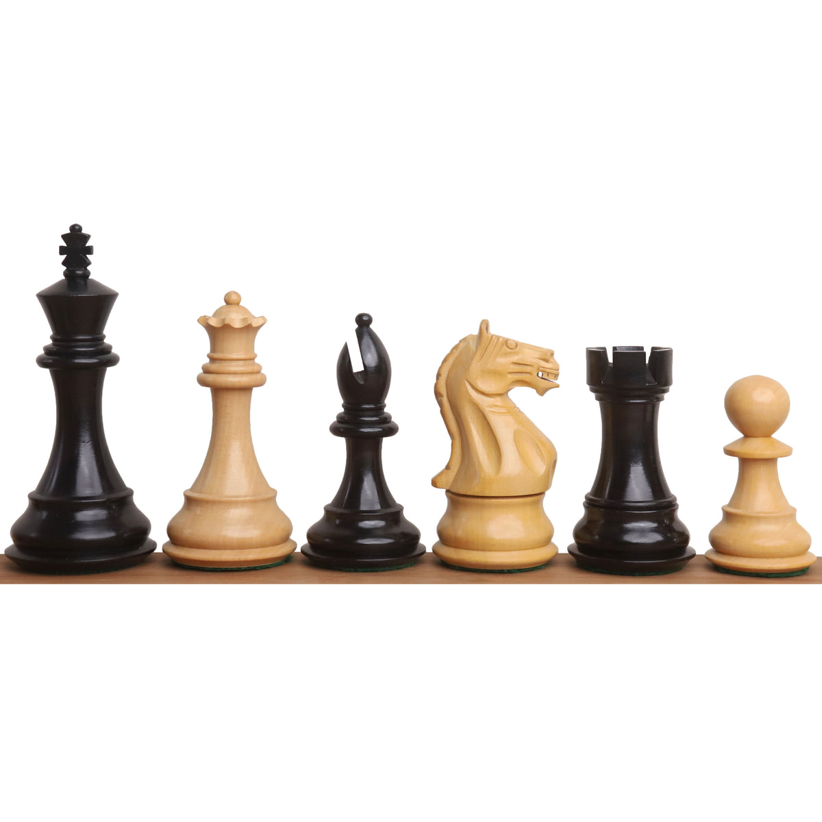 A selection of black and white Fierce Knight Staunton chess pieces.