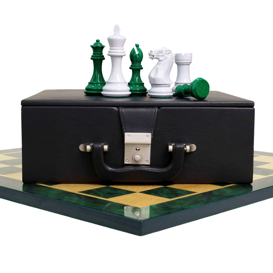 Combo of 4.1" Pro Staunton Weighted Chess Set - Pieces in Green & White Painted Boxwood with Board and Box