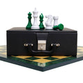 Weighted Pro Staunton chess set in green and white with board and matching storage case.