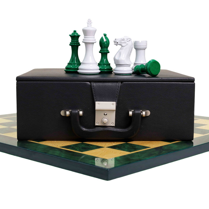 Combo of 4.1" Pro Staunton Weighted Chess Set - Pieces in Green & White Painted Boxwood with Board and Box