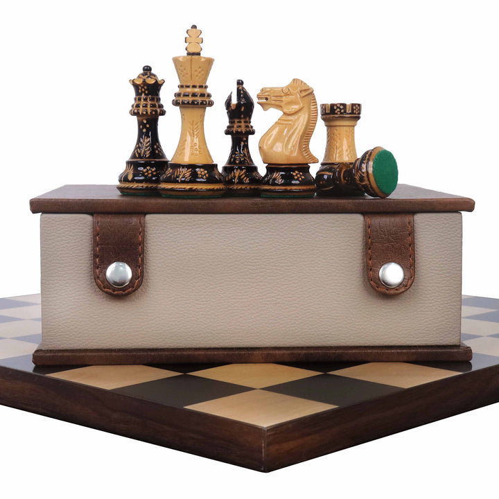 Combo of 4" Professional Staunton Chess Set - Pieces in Lacquered Burnt Boxwood with Board and Box