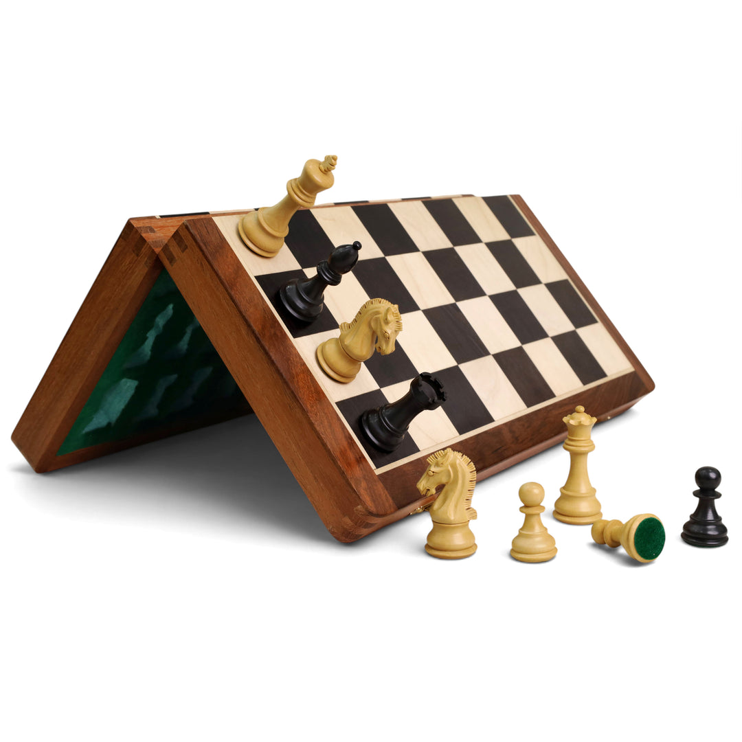 16" Craftsman Folding Magnetic Travel Chess Set – Ebony & Maple Wood Board with Ebonized Pieces | Luxurious Gift Set