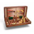Open 14-inch magnetic backgammon board in golden rosewood with wooden checkers and dice.