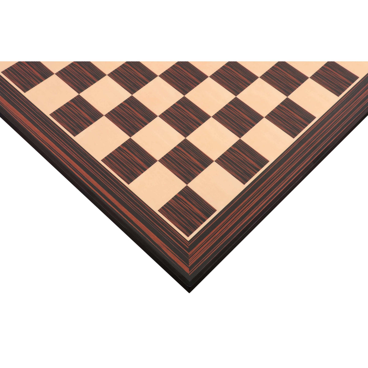 Top-down corner view of a 21-inch Tiger Ebony and Maple wood printed chess board with a 55mm square size and matte finish.