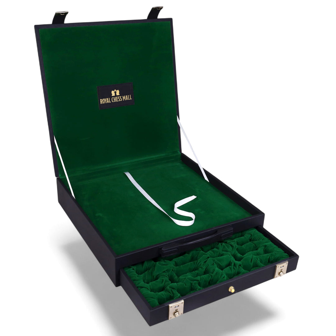 All-in-One Leatherette Chess Set Storage Case with Drawers – Fits 15″–17″ Boards & 2.4″–3.0″ King-Height Pieces