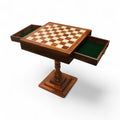 20 inch Monarch series chess table in golden rosewood with open green felt-lined drawers.