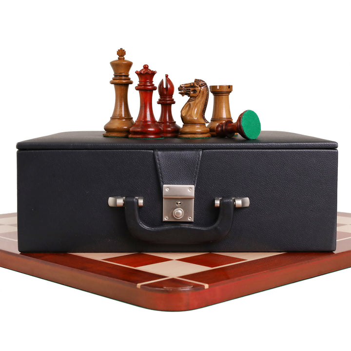 Combo of 1849 Original Staunton Chess Set- Lacquered Distress Antiqued Boxwood & Bud Rosewood - 4.5" King With Board and Box