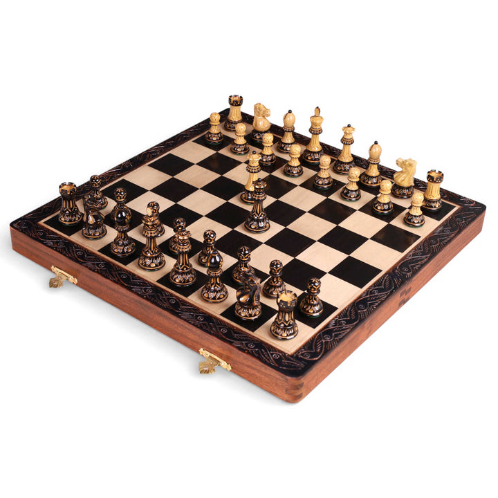 16" Laurel Series Burnt Carving Lacquered Staunton Chess Set – Magnetic Ebony & Maple Wooden Folding Board