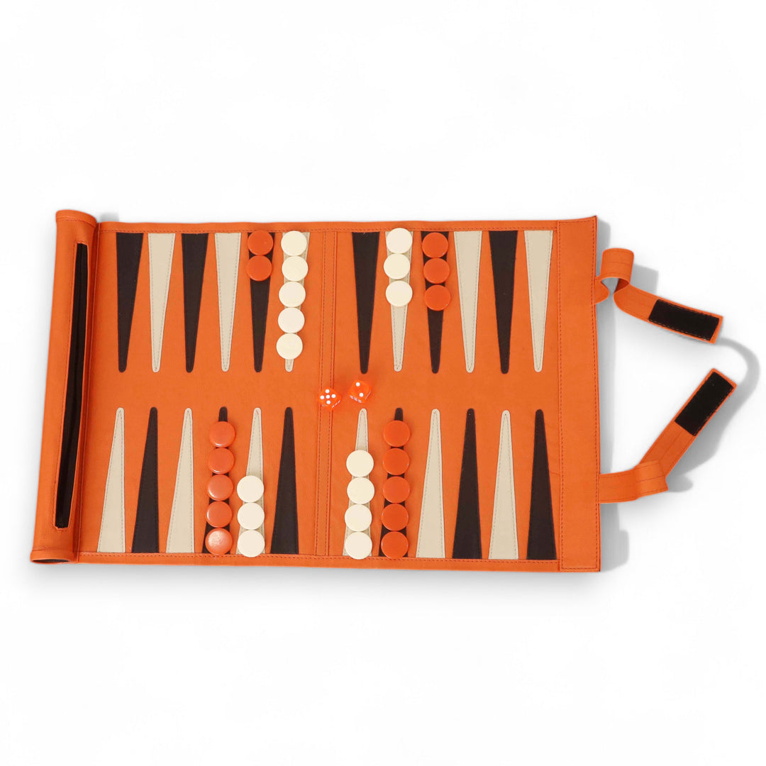 Handcrafted Roll-Up Leatherette Backgammon Set – Portable Travel Board Game in Orange Finish
