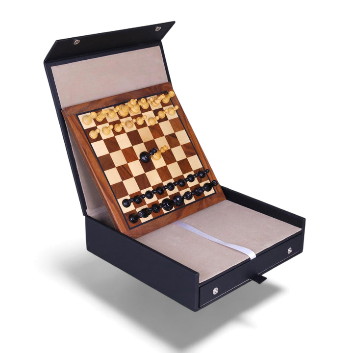 Open leatherette storage box displaying the 12-inch magnetic travel chess set with ebonised boxwood pieces.