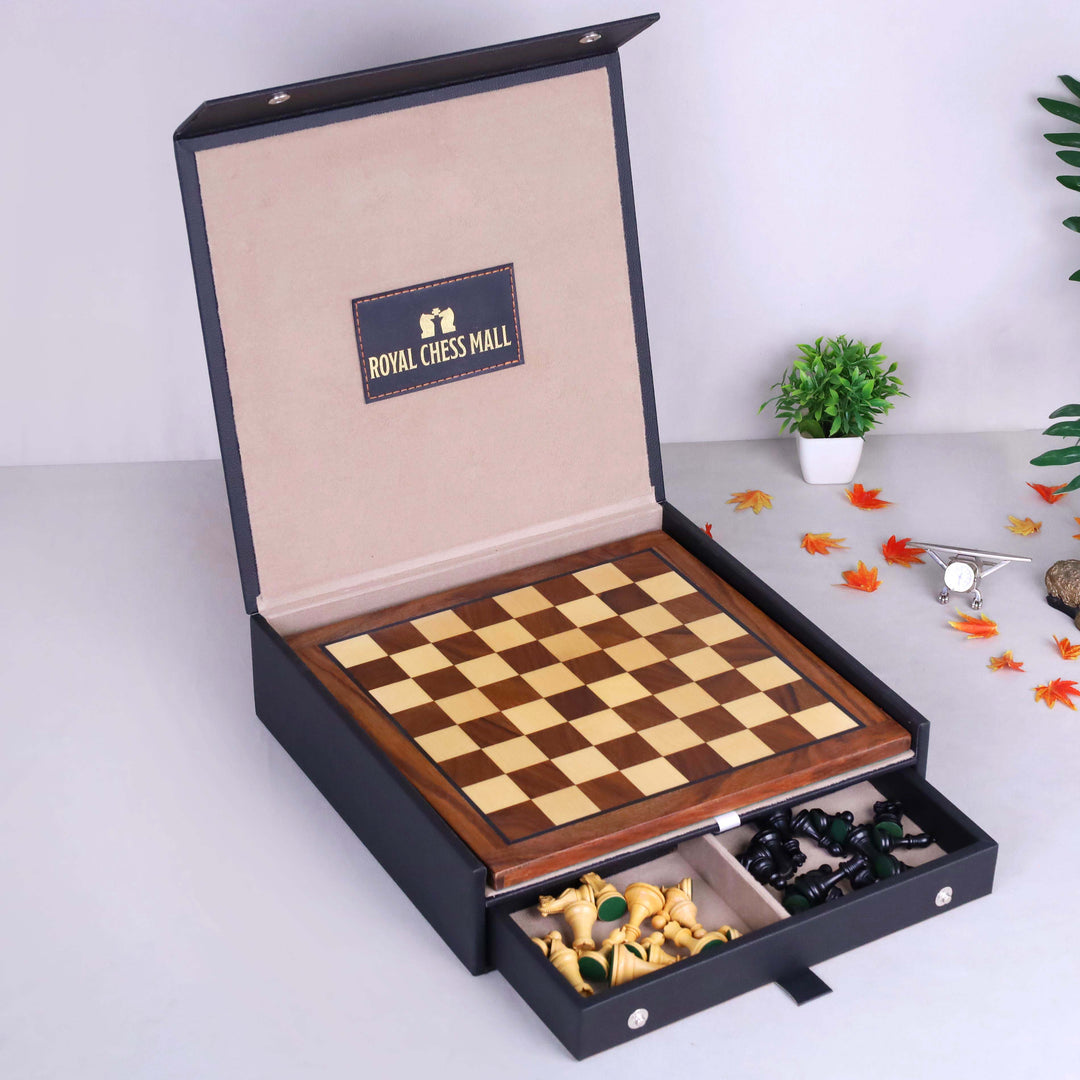Branded leatherette storage case for the 12-inch minimalist Staunton magnetic travel chess set.