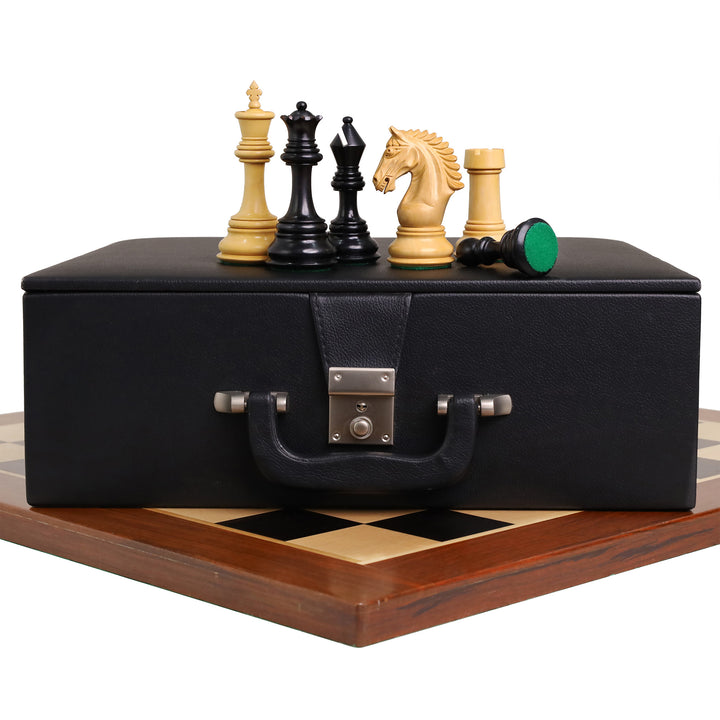 Combo of 4.5" Tilted Knight Luxury Staunton Chess Set - Ebony Wood & Boxwood - 23" Large Ebony & Maple Wood Chessboard With Box