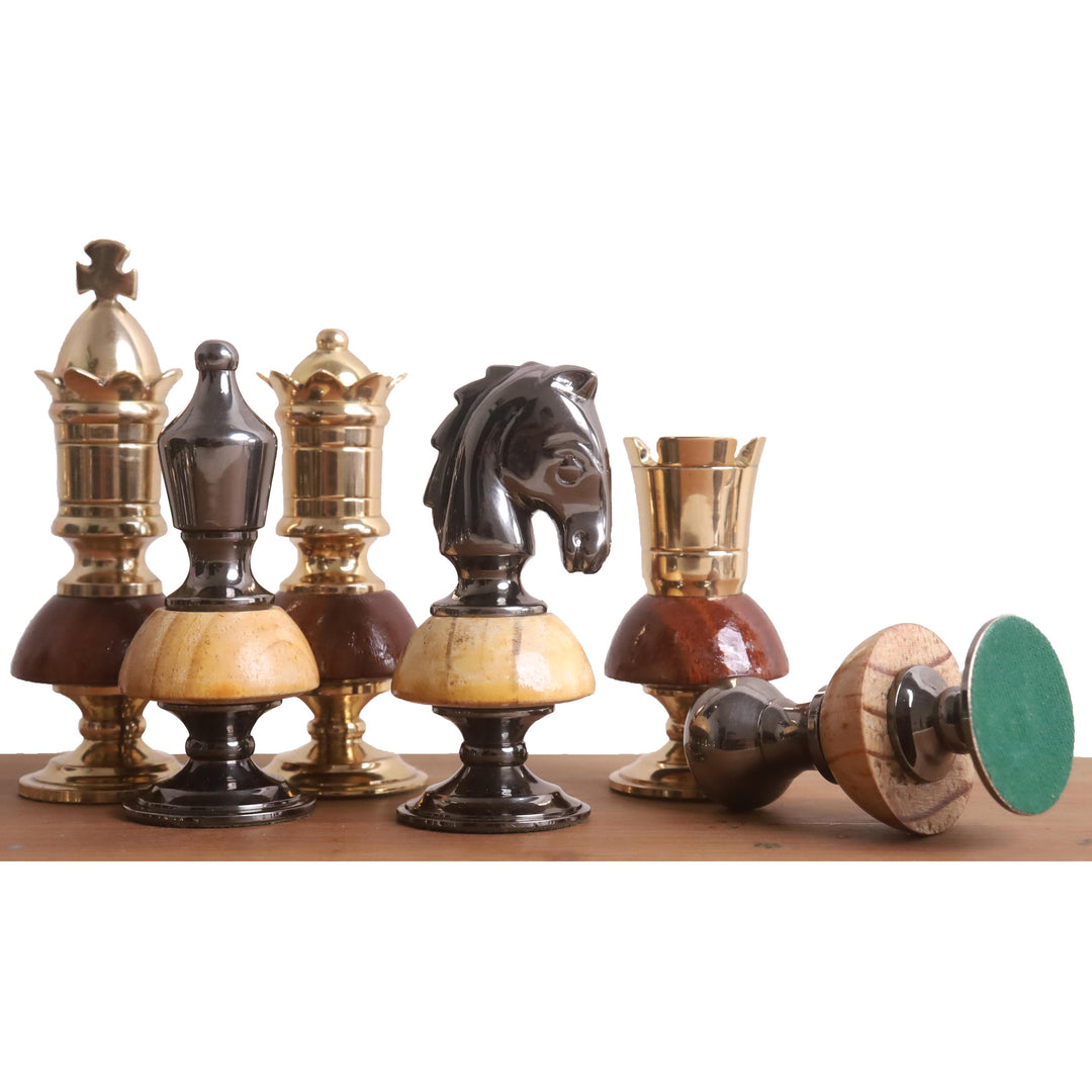 3.7" Set di scacchi di lusso in ottone e metallo della serie Victorian Fusion - Solo pezzi - Oro e grigio metallizzato