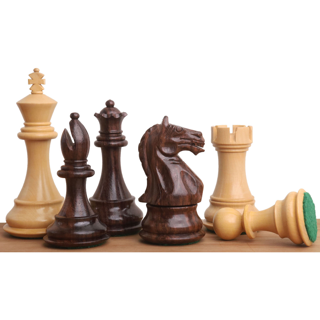 Weighted 4 inch Fierce Knight Staunton chess pieces lineup showcasing rosewood and boxwood designs.