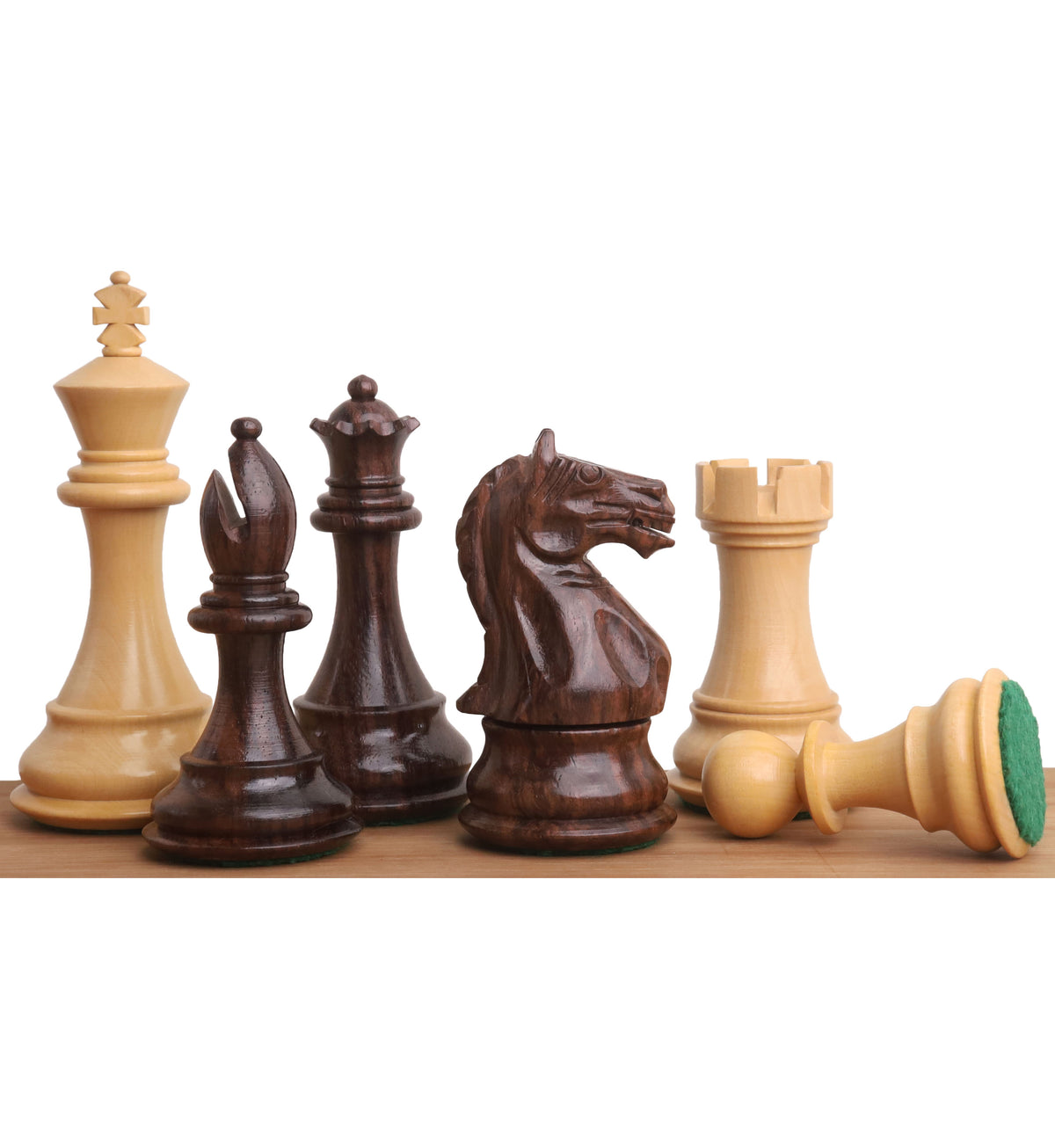 Fierce Knight Staunton chess pieces in rosewood and boxwood on board.