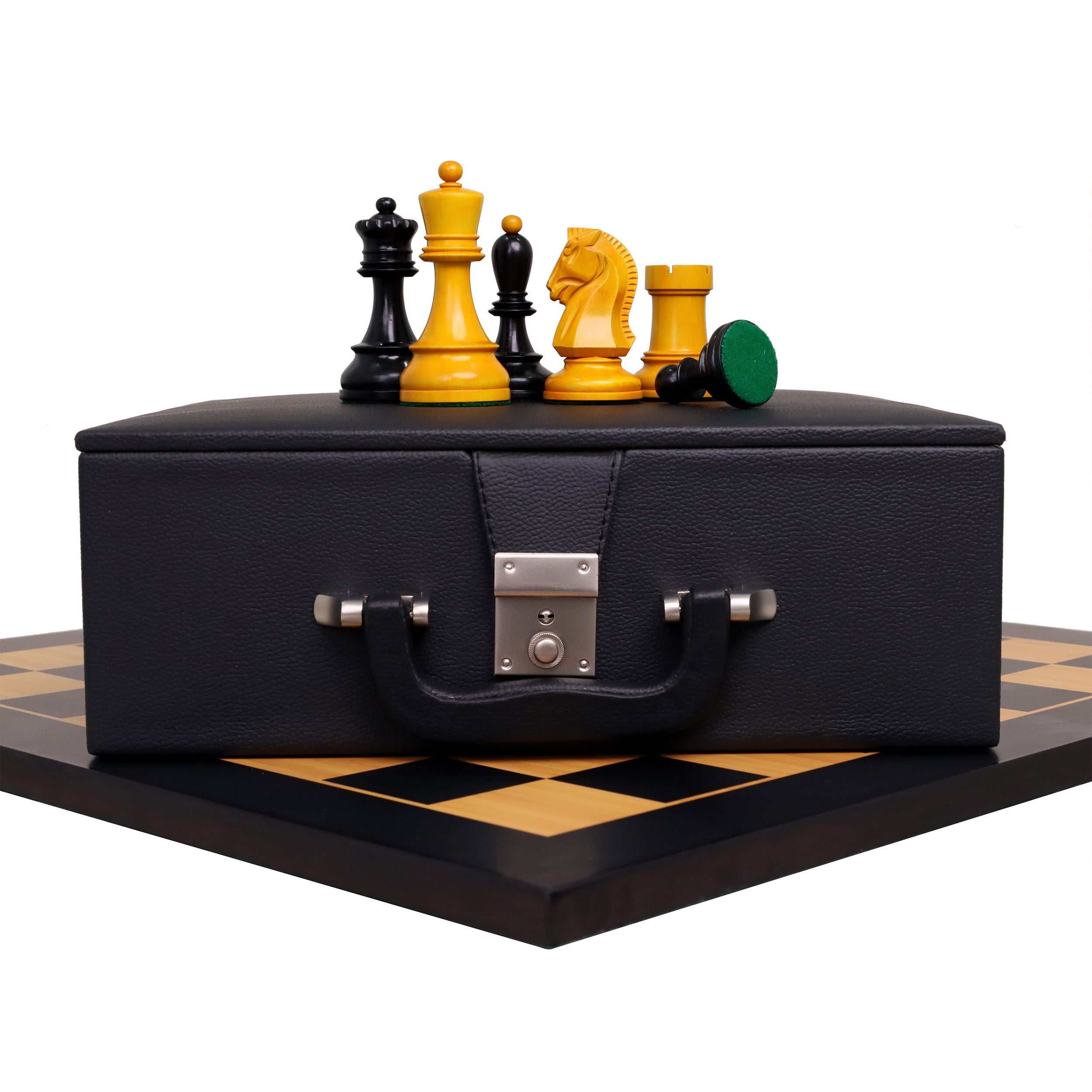Antiqued and ebonised boxwood Dubrovnik chess pieces on a premium storage box.