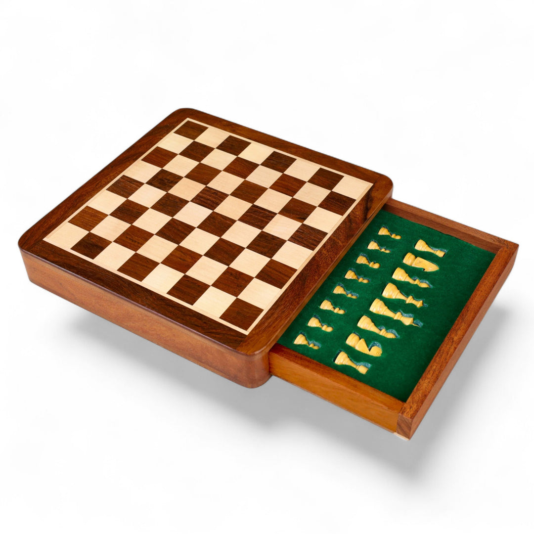 Large 10 inch Travel Chess set with Drawer - Magnetic Set - Golden Rose wood
