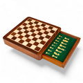 Magnetic travel chess set featuring a golden rosewood board with built-in storage drawer.