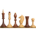 Six Averbakh Soviet Russian chess pieces in golden rosewood and boxwood showcasing structural profiles.