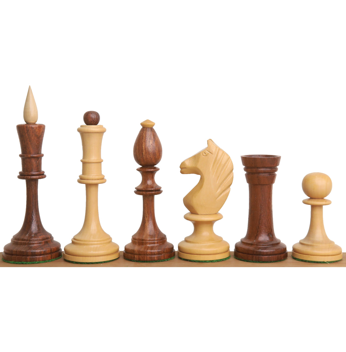 Six Averbakh Soviet Russian chess pieces in golden rosewood and boxwood showcasing structural profiles.
