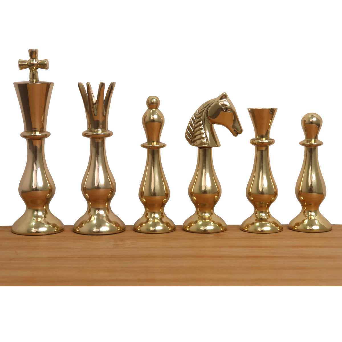 Set of premium gold-finished brass chess pieces from the Regal Curve Series.