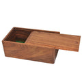 Slide-top wooden chess box in golden rosewood partially opened to reveal protective green felt interior lining.