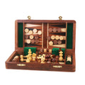 Magnetic travel chess and backgammon set in golden rosewood with stored pieces and dice.