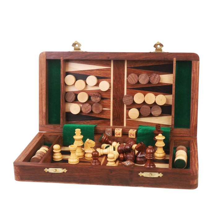 2 in 1 Magnetic Travel Chess & Backgammon set in Golden Rosewood - 10 inches