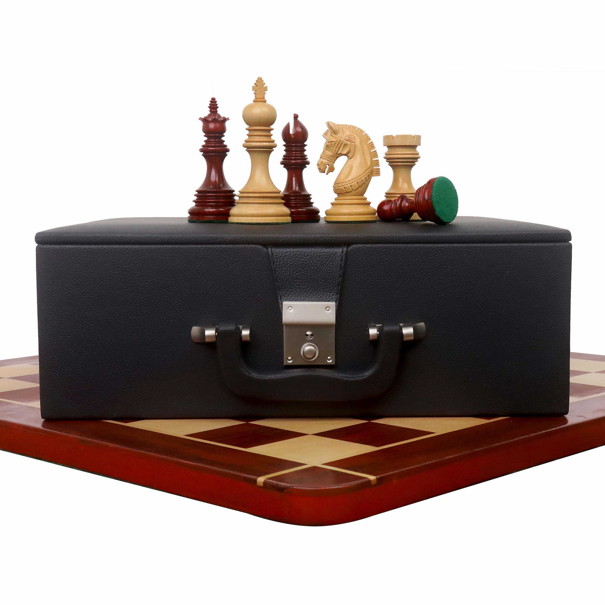 Luxury Stallion Staunton chess pieces on a leatherette storage box and chessboard.
