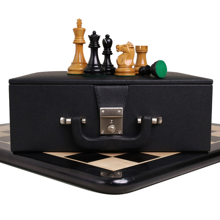 Combo of 1972 Championship Fischer Spassky Chess Set - Lacquered Distress Antiqued Boxwood & Ebony With Board and Box