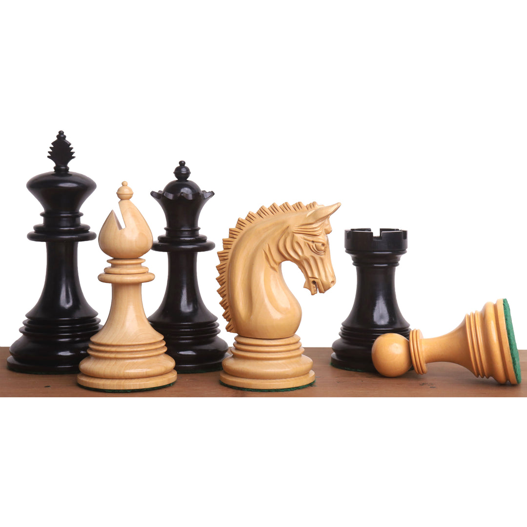 Pièces d'échecs de luxe Patton Staunton en bois d'ébène de 4,2" avec échiquier de 23" en bois d'ébène et d'érable à finition mate avec bordures en sheesham et boîte de rangement en similicuir pour le coffret