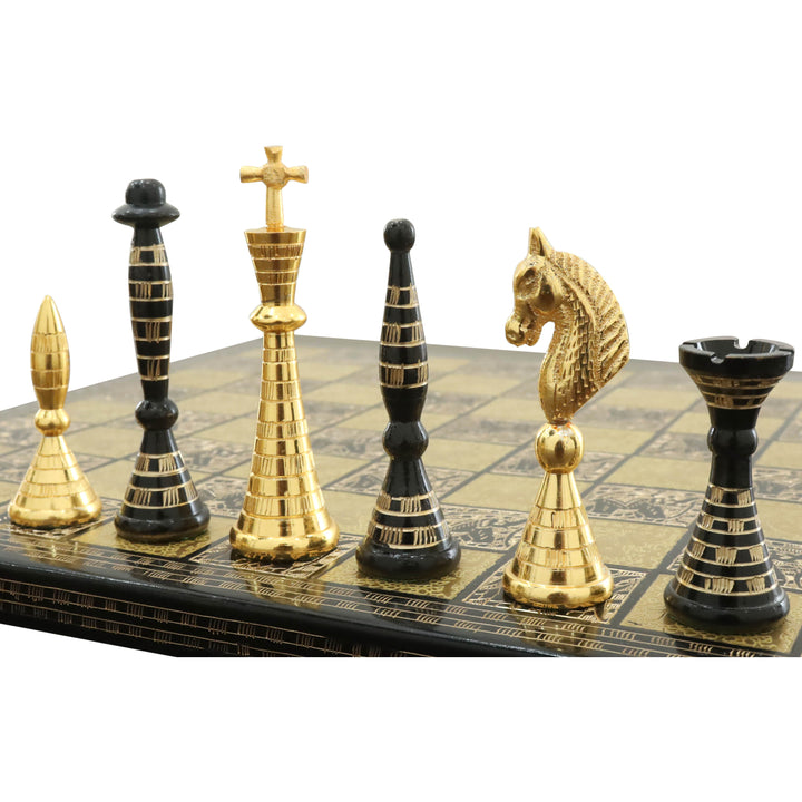 Slightly Imperfect Solid Brass Metal Tribal Artwork Luxury Chess Pieces & Board Set - Black & Gold - 12" - Warehouse Clearance - USA Shipping Only