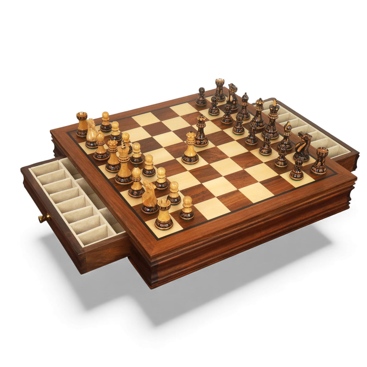 Luxury 20-inch golden rosewood chess set with storage drawers and professional Staunton pieces.