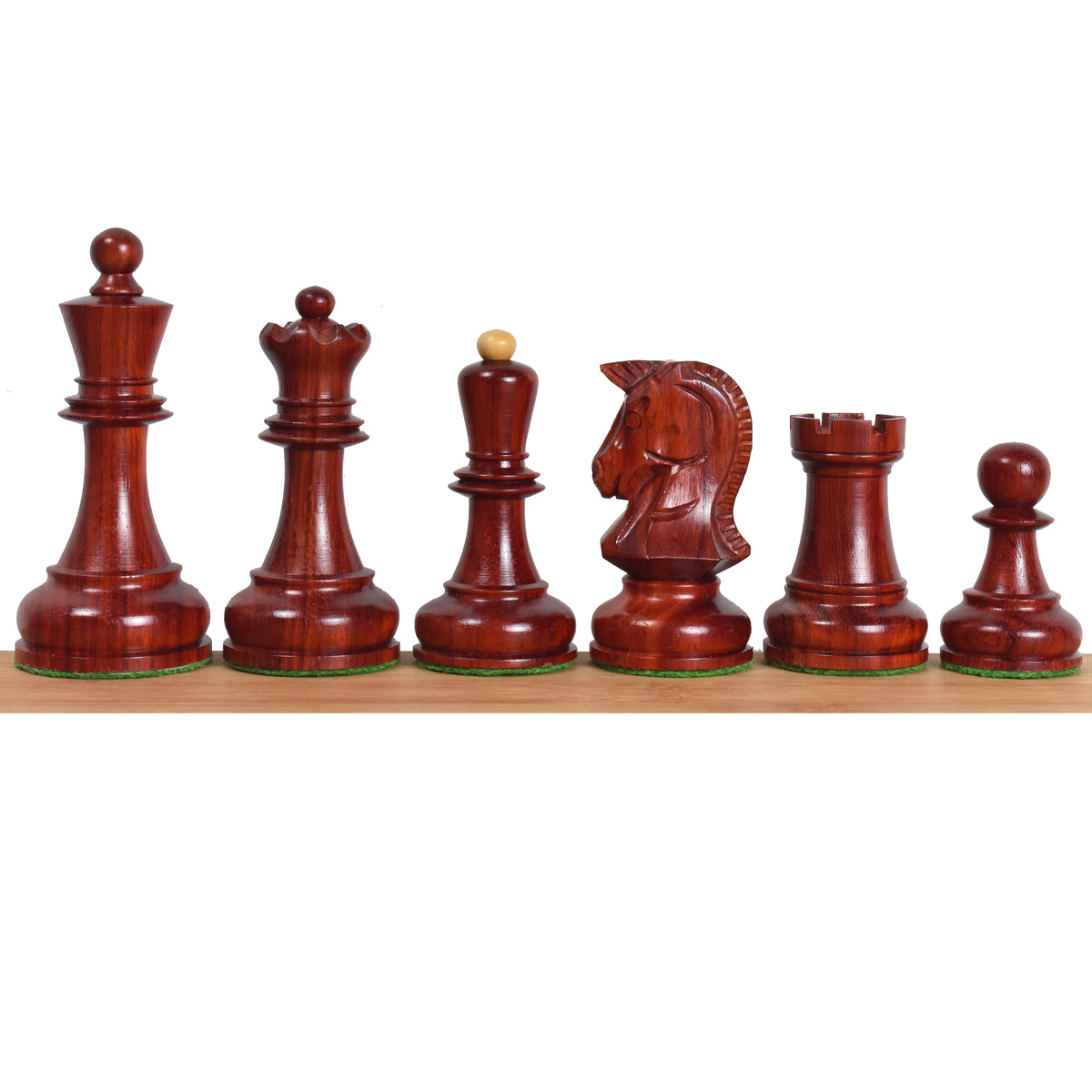 Triple weighted 3.8 inch bud rosewood Dubrovnik chess pieces lineup on display.