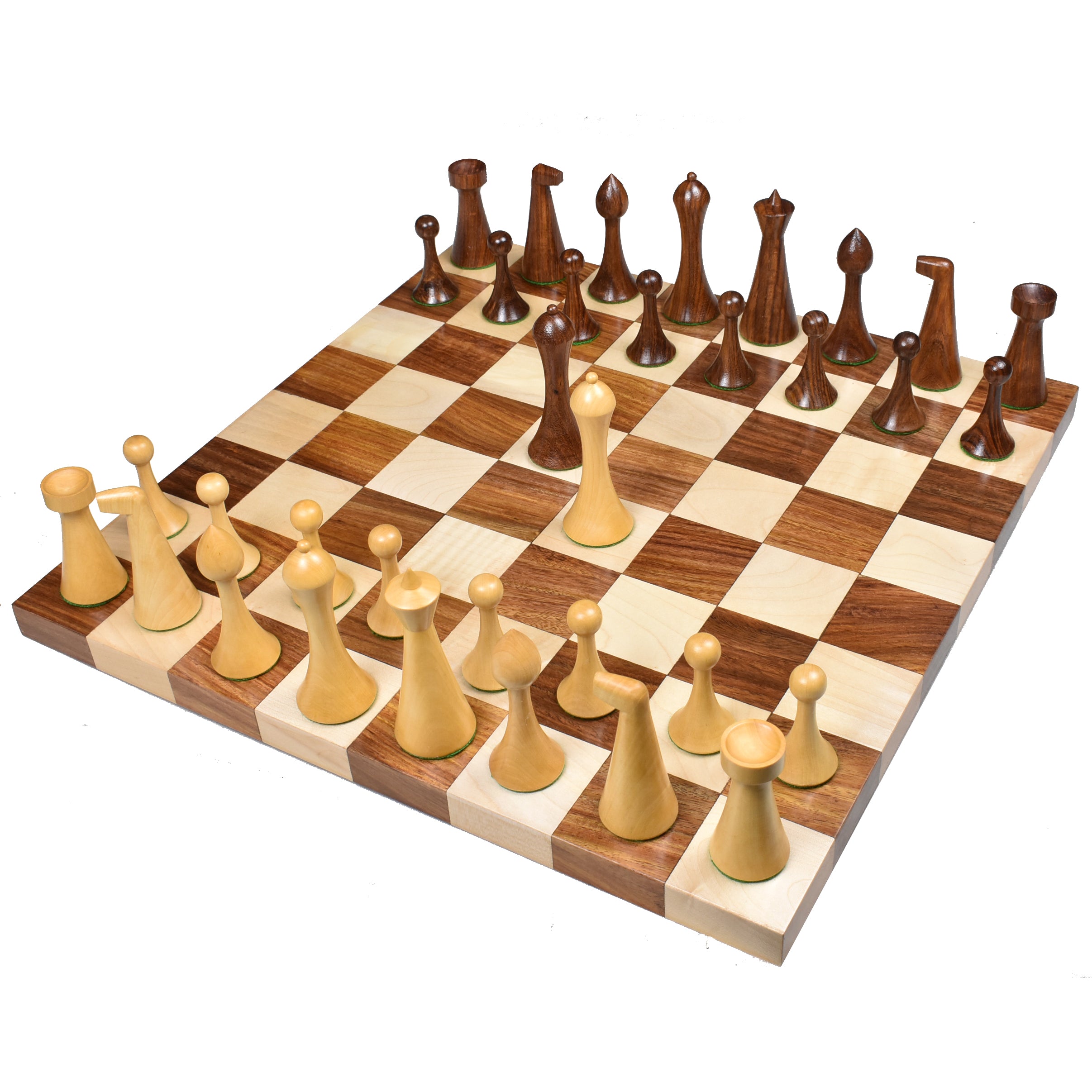 Full set of 3.6 inch Herman Ohme minimalist chess pieces on a golden rosewood board.
