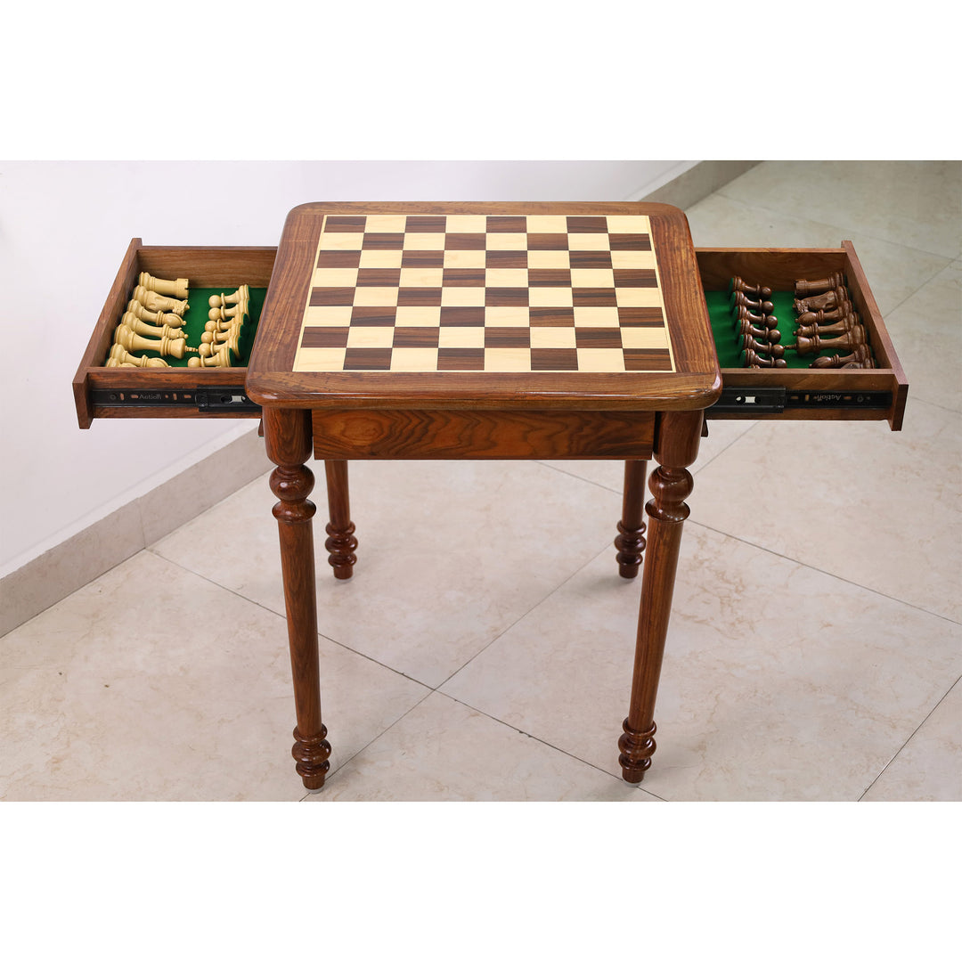 Combo of 22" Tournament Golden Rosewood Chess Table with 4.1" Pro Staunton Weighted Golden Rosewood Pieces with Storage Drawers