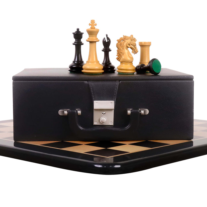 Combo of 3.9" Heritage Series Staunton Chess Set - Pieces in Ebony Wood & Boxwood with Chess Board & Storage Box